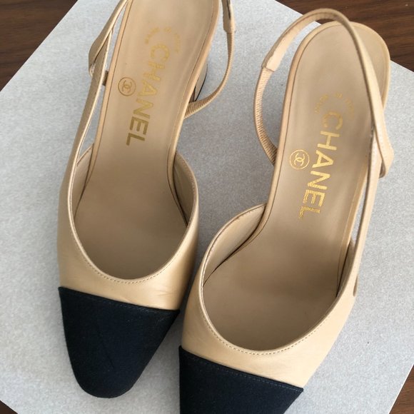 CHANEL nude leather black grosgrain toe cap CC logo block heel slingback EU34.5 - Picture 3 of 3